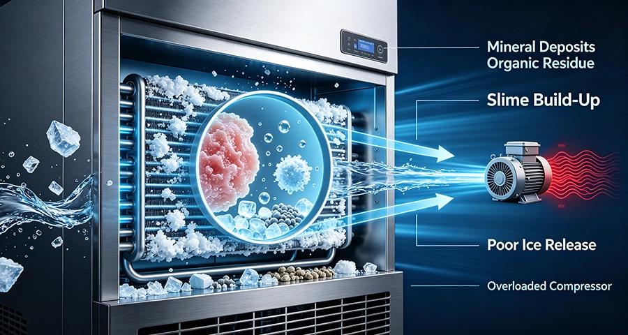 Commercial Ice Maker Issues Commercial ice maker evaporator plate with scale and biofilm issues