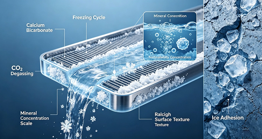 Evaporator Scale Accumulation Calcium carbonate scale accumulation on ice maker evaporator plate