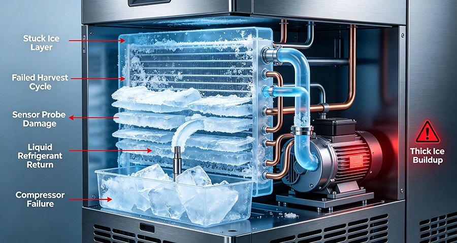 Evaporator Freeze-Up Commercial ice machine freeze up with thick blocked ice sheet