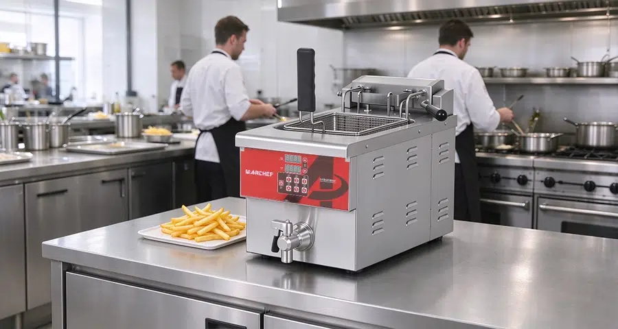 QSR Automatic Basket Lift Fryers Fast food chain line cooks using automatic basket lift deep fryers